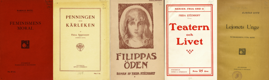 Bokomslag till fem skrifter, Feminismens moral, Penningen och Kärleken, Filippas öden, Teatern och livet, Lejonets unge.