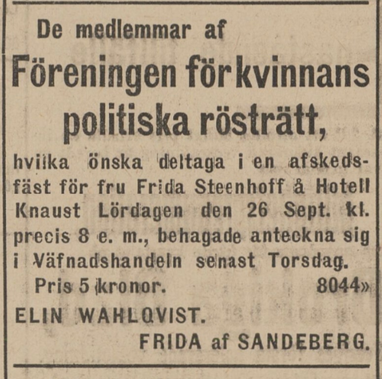 Tidningsannons, avskedsfest för Frida anordnat av Föreningen för kvinnans politiska rösträtt.