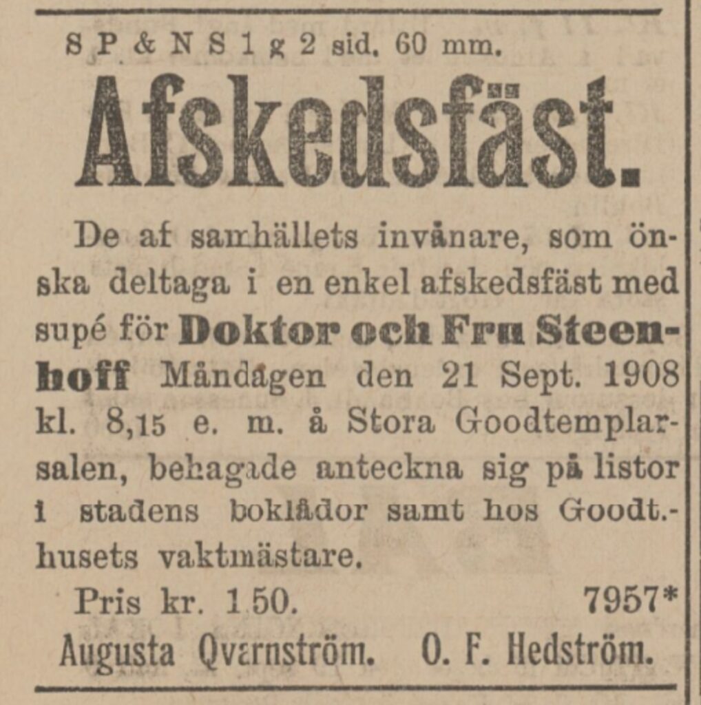 Tidningsannons, Avskedsfest för paret på Godtemplarsalen.